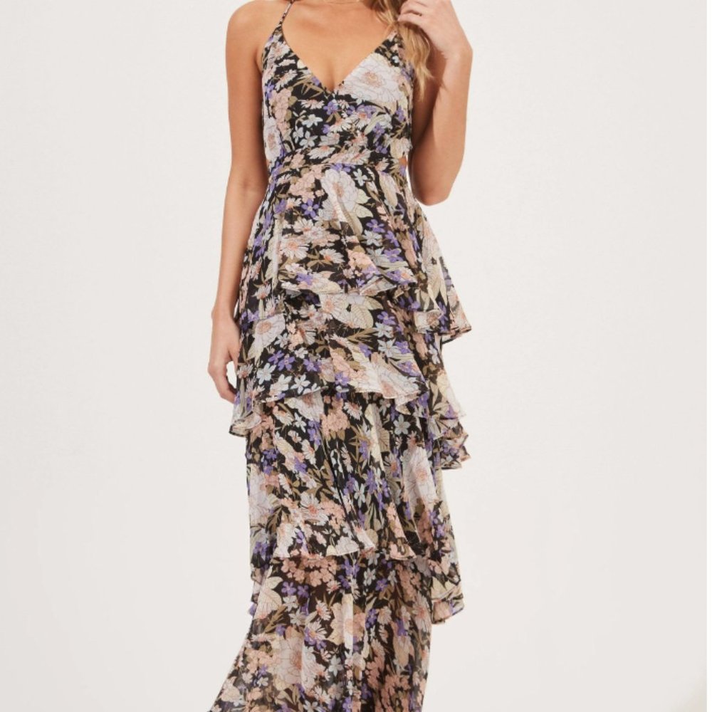 Astr The Label Rosana Floral Tiered Ruffle Maxi Dress Black Multi Floral